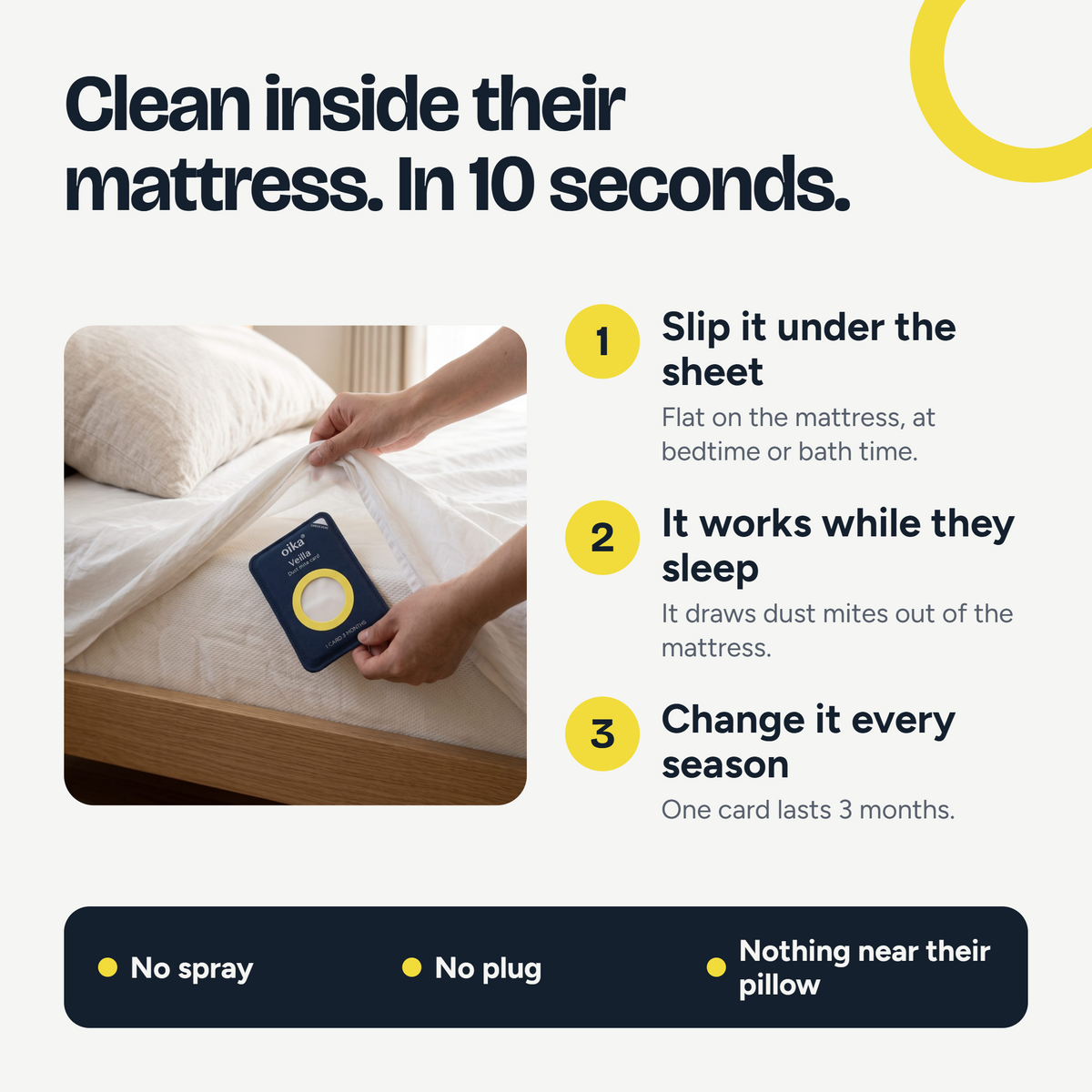 How it works: slip the card under the sheet, it works while your child sleeps, change it every season