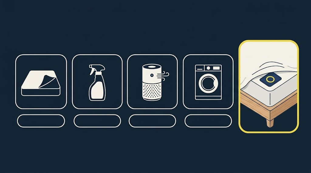 A mattress cover, a spray, an air purifier and a washing machine next to the Veilla card under a mattress