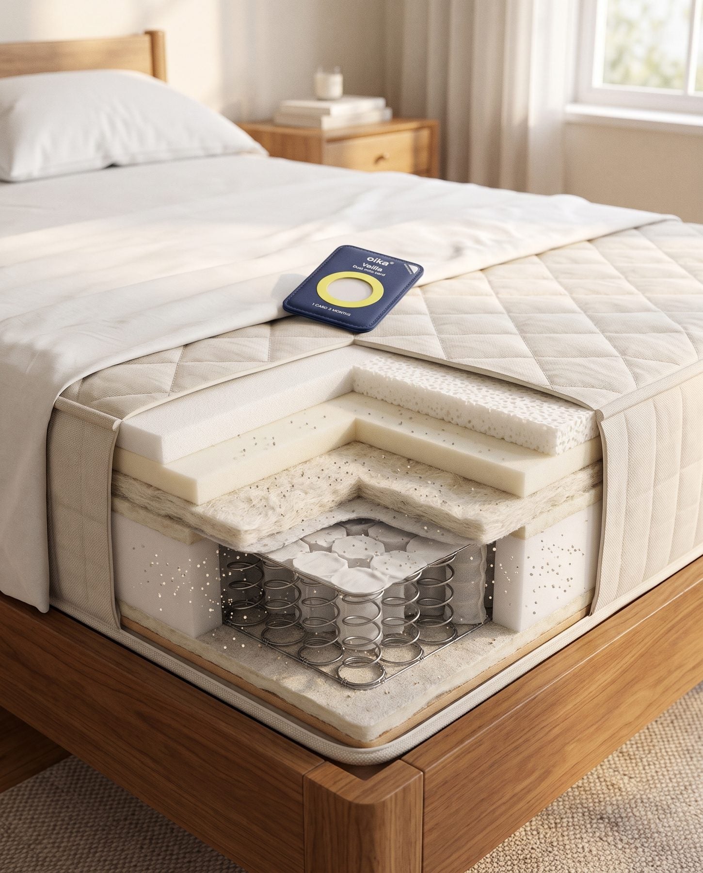 Cutaway of a mattress showing its inner layers, with the Veilla card on top