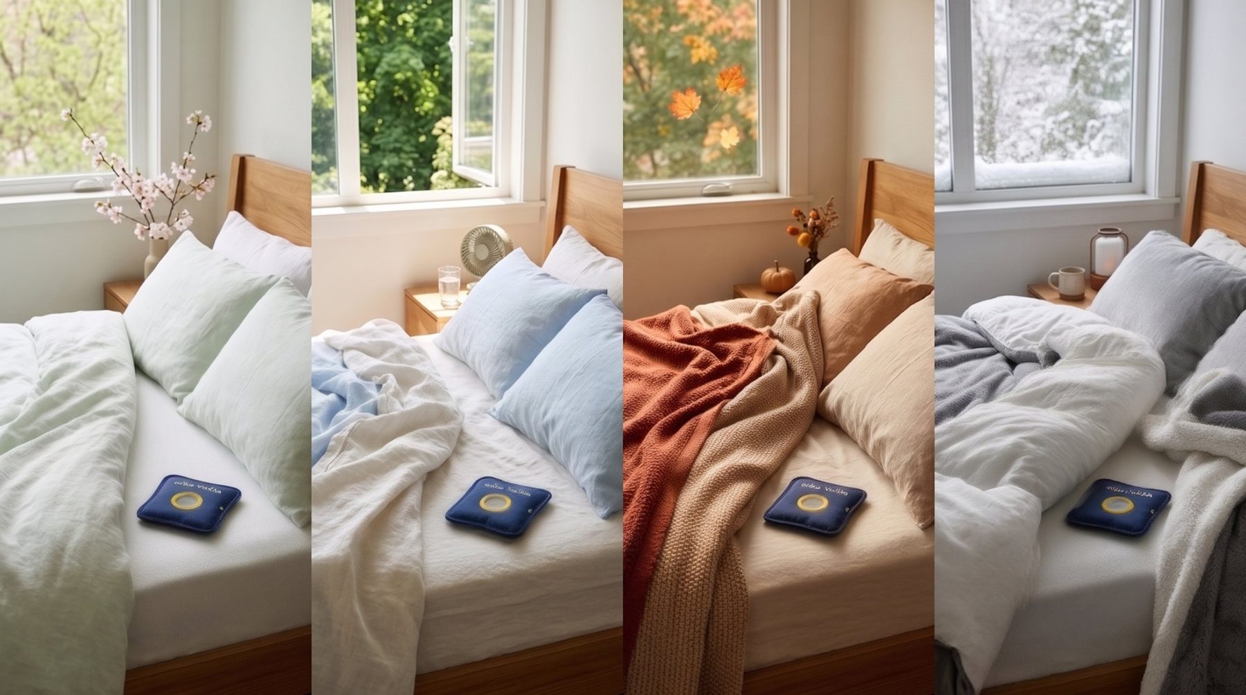 The same bed in spring, summer, autumn and winter, with a Veilla card on the mattress