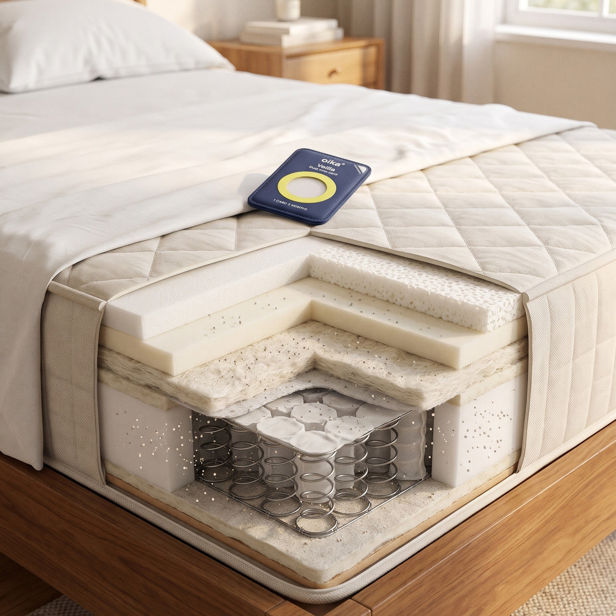 Cutaway of a mattress with the Veilla card on top